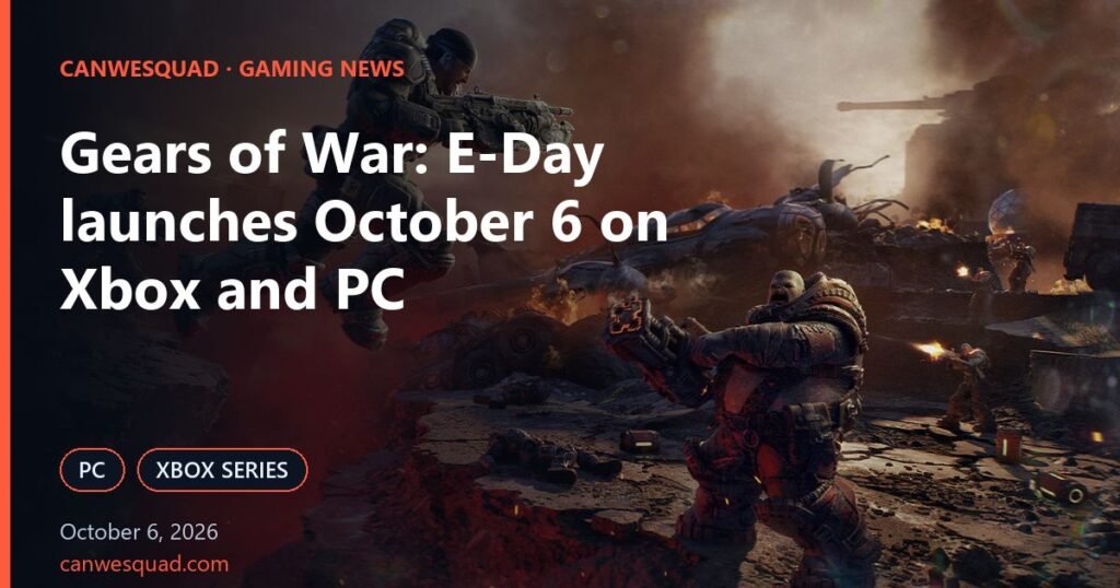 Gears of War: E-Day battle scene with PC and Xbox Series badges