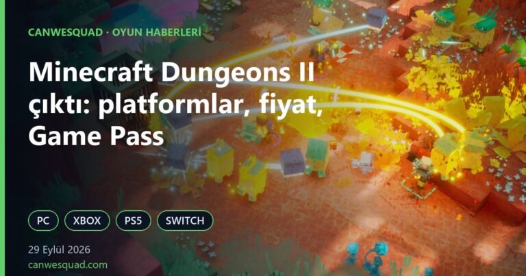 Minecraft Dungeons II oyun sahnesi ve PC, Xbox, PS5, Switch rozetleri