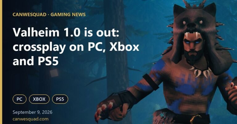 Valheim 1.0 artwork showing a Viking warrior, with PC, Xbox and PS5 crossplay badges